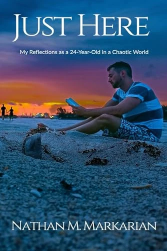 Cover of Just Here by Nathan Marko Markarian — a figure reading on a beach at dusk